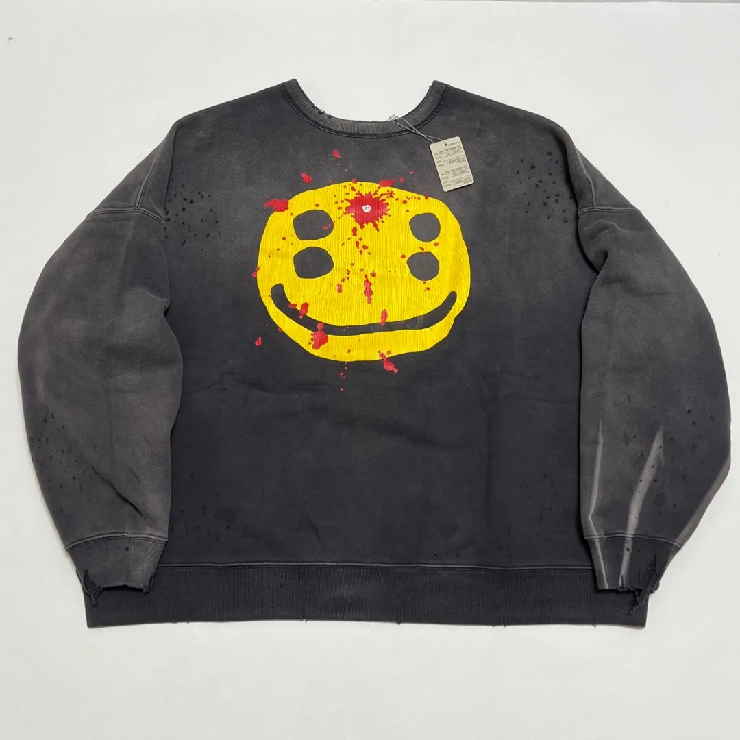 SAINT Mxxxxxx x CACTUS PLANT FLEA MARKET SMILE SWEATER SHIRT CPFM co-branded sweatshirt with smiley face, washed black S-XL, ready-to-wear Assute dyeing, heavy fermentation washing, multi-position spray fading, ultra-complex manual polishing/destruction treatment/special shearing treatment, special striped cuffs/multi-position shearing/pure handmade graffiti and dirty The only correct co-branded main wheat label/wash water label/little angel anti-counterfeiting label in the entire network